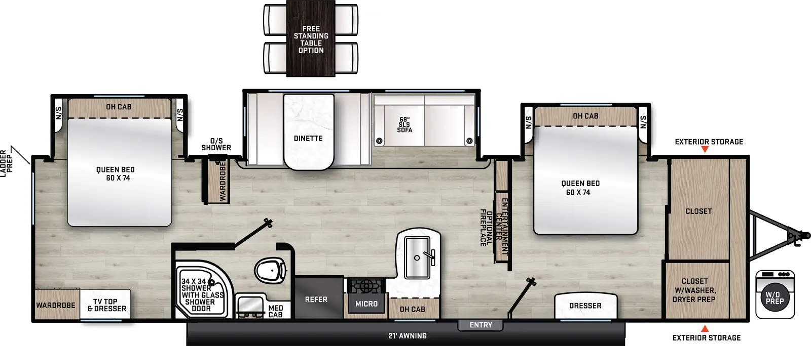 Aurora 340BHTS (2 Queen Beds) Floorplan